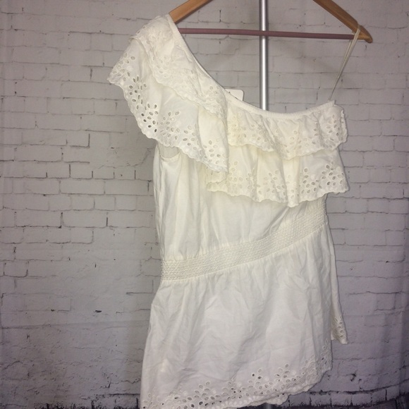 NWT White Cotton Ruffle Lace One Shoulder Blouse - Picture 2 of 6